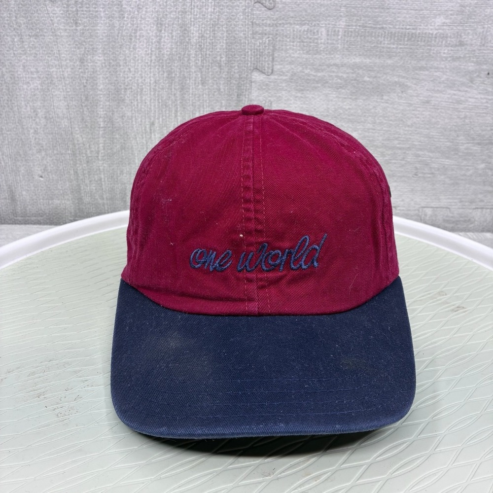 Vintage One World Hat Cap Snapback Red Blue Embroidered Logo Branson MO